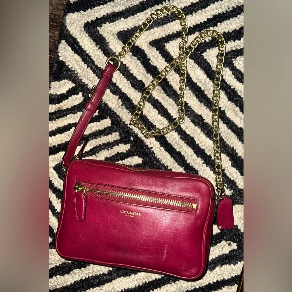 Coach Burgundy Leather Crossbody Bag with Gold Chain